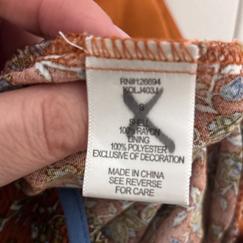 Live to be Spoiled Jumpsuit S Blue Brown Floral Wide Leg Smocked Boho Rayon XS - Picture 10 of 13